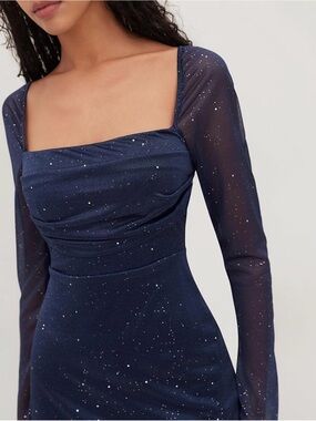 Cider Navy Sparkle Square-Neck Long Sleeve Dress